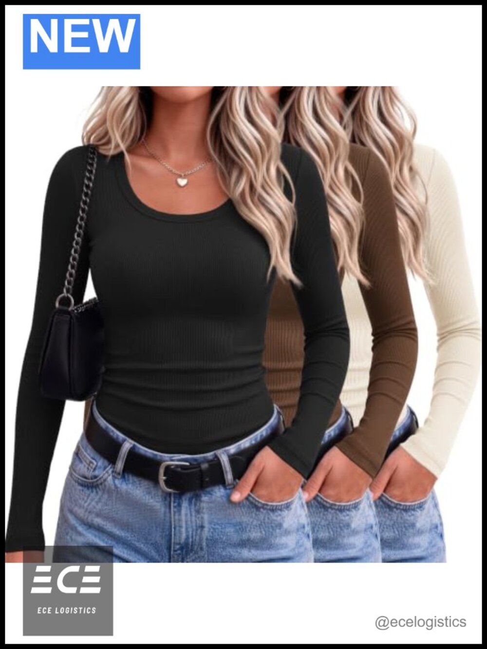 Women's Long Sleeve Scoop Neck Ribbed Tops 3 Pack Fitted Stretch Knit
